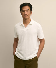 Cotton-Linen Pique Johnny Collar Shirt