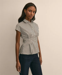 Cotton Sateen Stripe Peplum Shirt