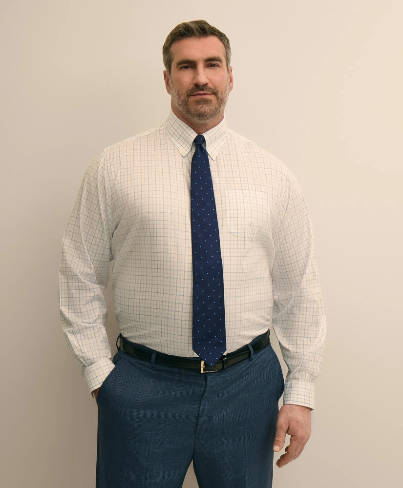 Big & Tall Stretch Cotton Non-Iron Pinpoint Oxford Polo Button Down, Windowpane Dress Shirt