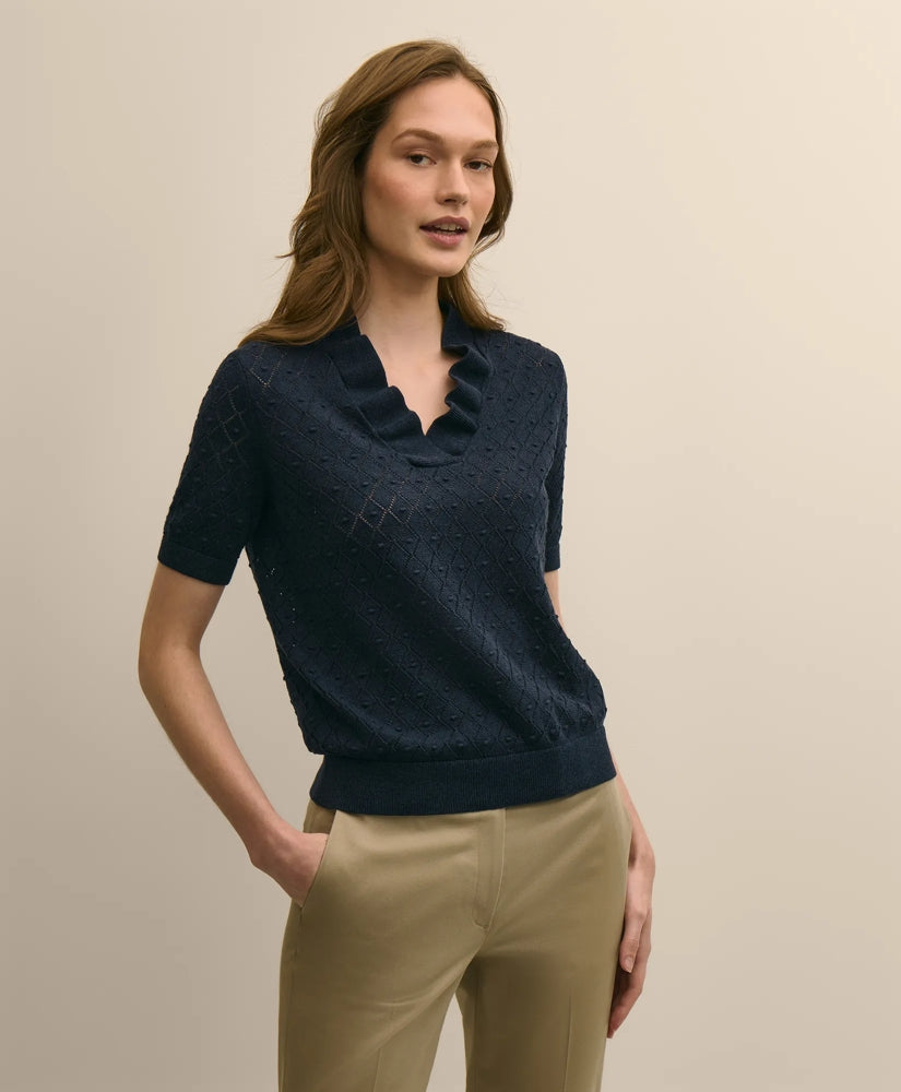Cotton Viscose Short-Sleeve Ruffle Sweater