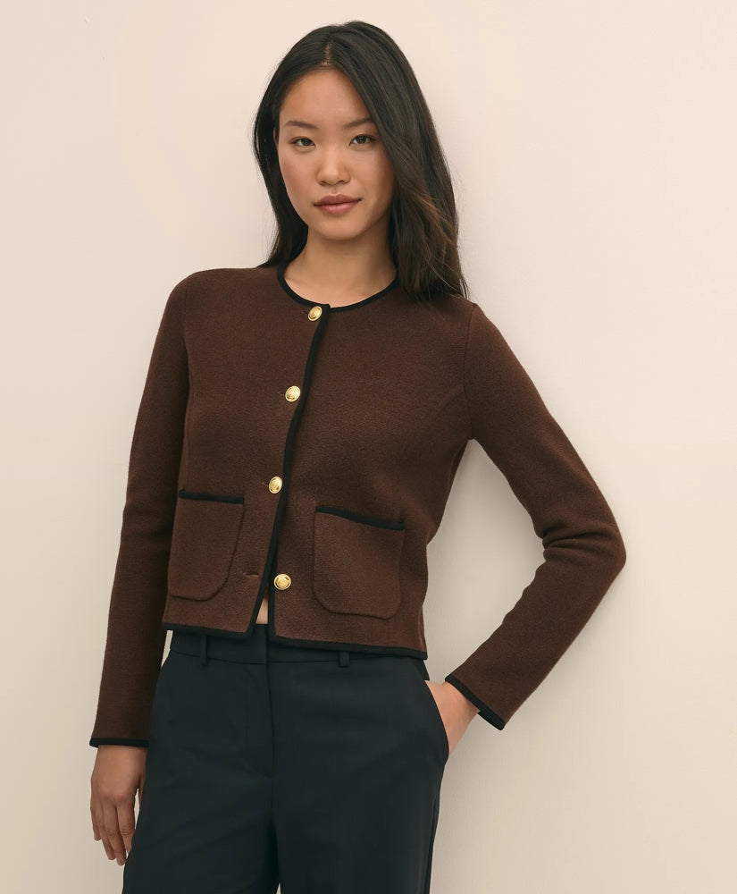 Brushed Merino Wool Suede Trim Sweater Jacket
